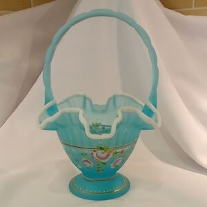 Fenton Basket Light Blue Handpainted Flowers Signed By Artist